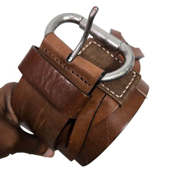 Gap Leather Belt Vintage Brown Canvas Wide Sturdy Rugged Textured Cutouts Medium - Picture 8 of 15